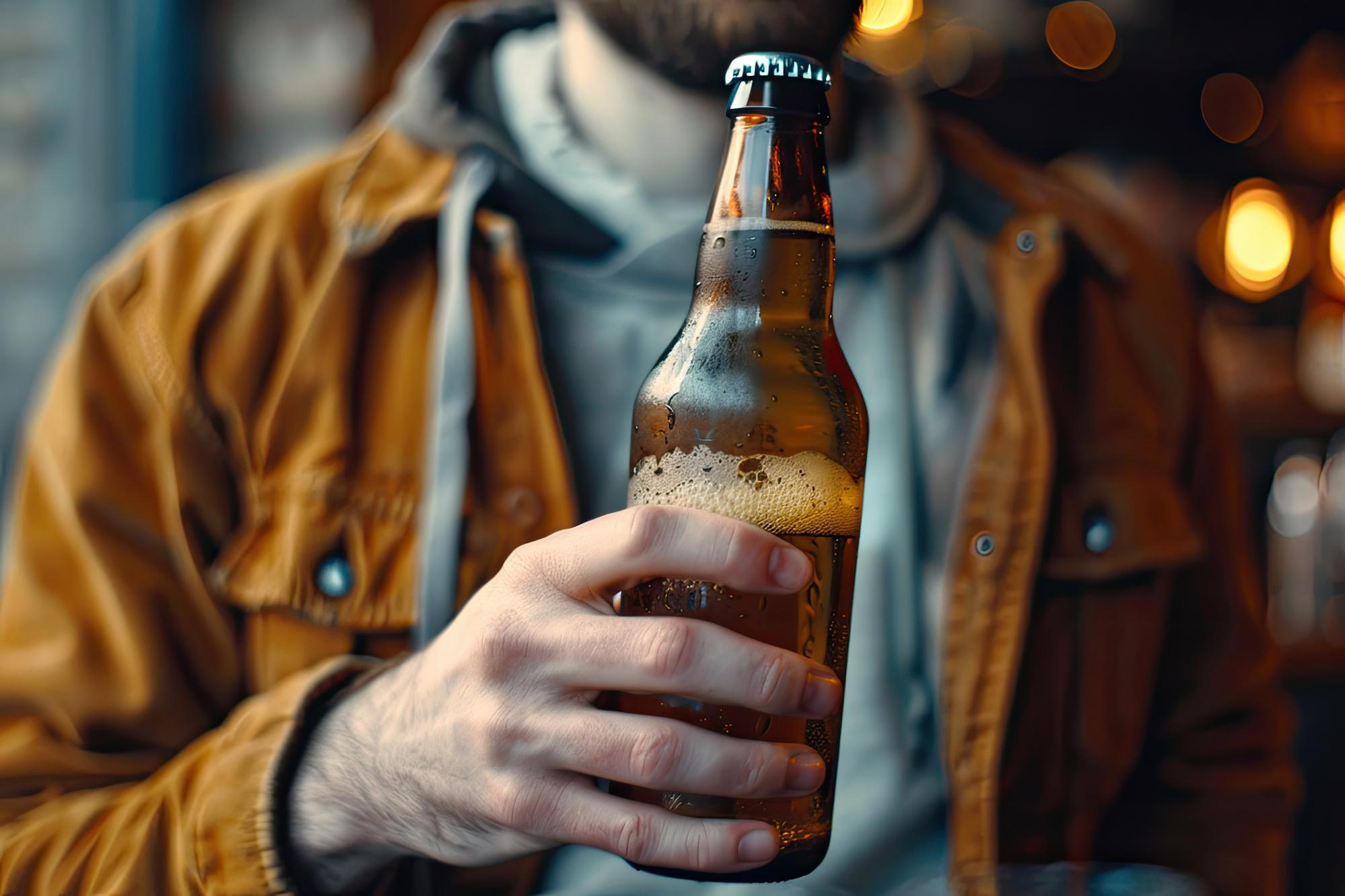 A hand holding a chilled bottle of beer