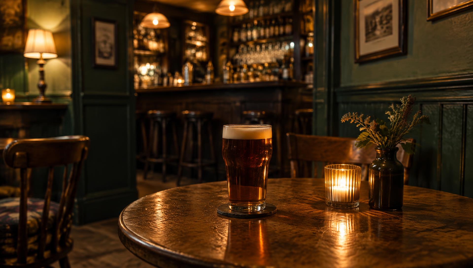 A pint and a candle on a wooden table in a cosy, lamplit pub