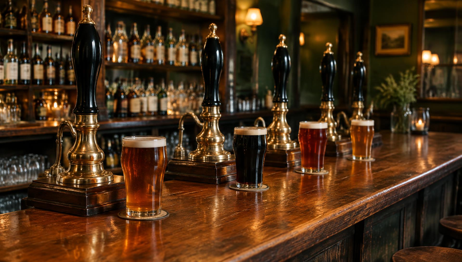 Brass ale handpumps and pints lined up on the wooden bar