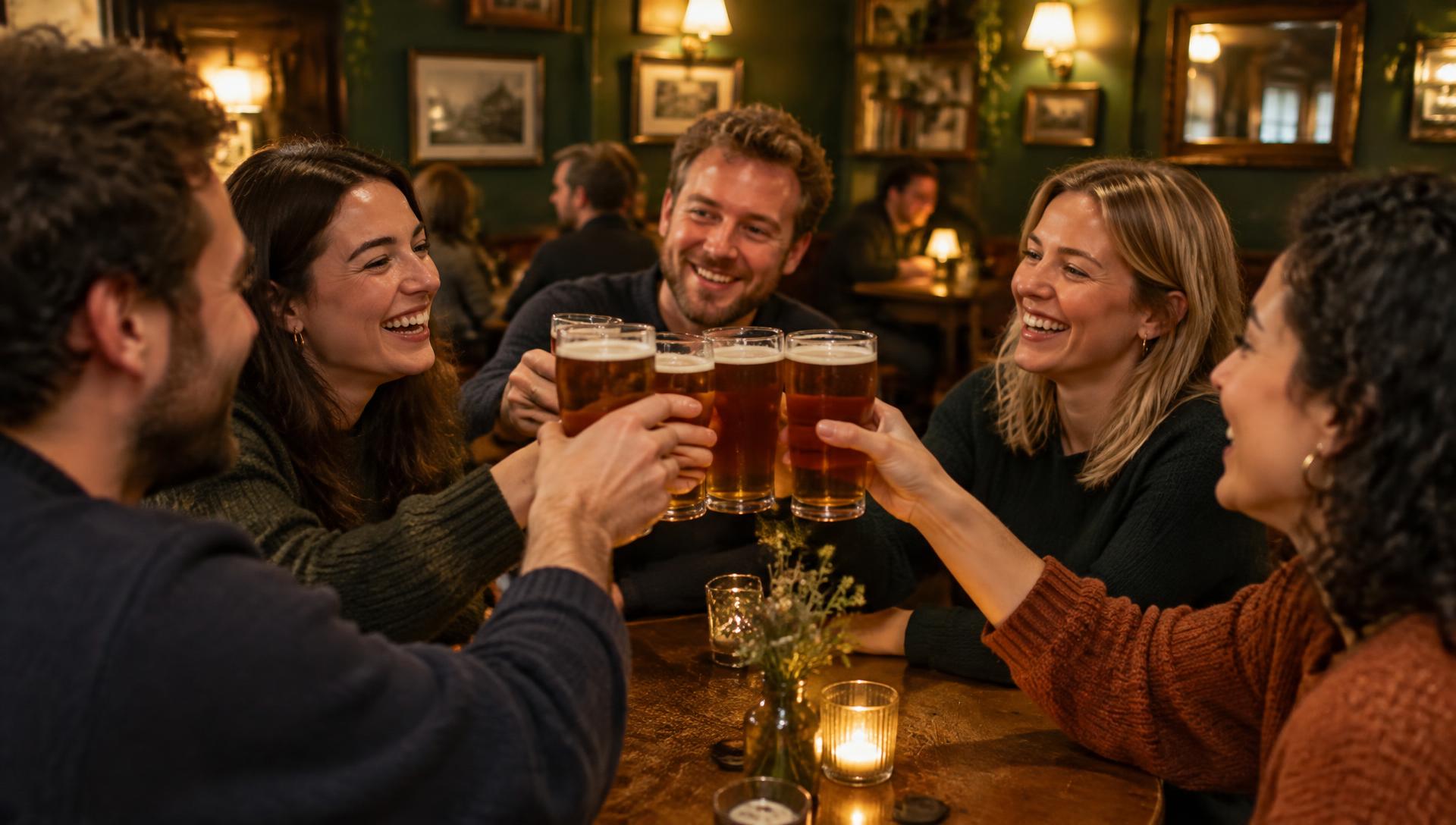 Friends raising pint glasses together at a lively evening gathering