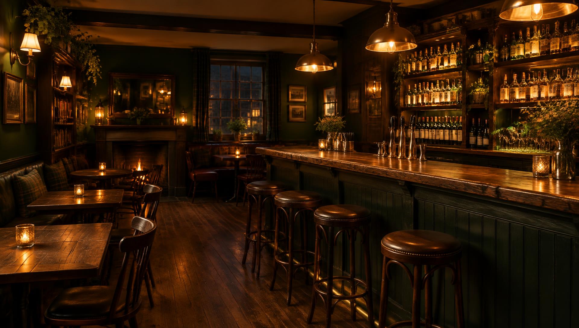 The warm, lamplit interior of a cosy micropub