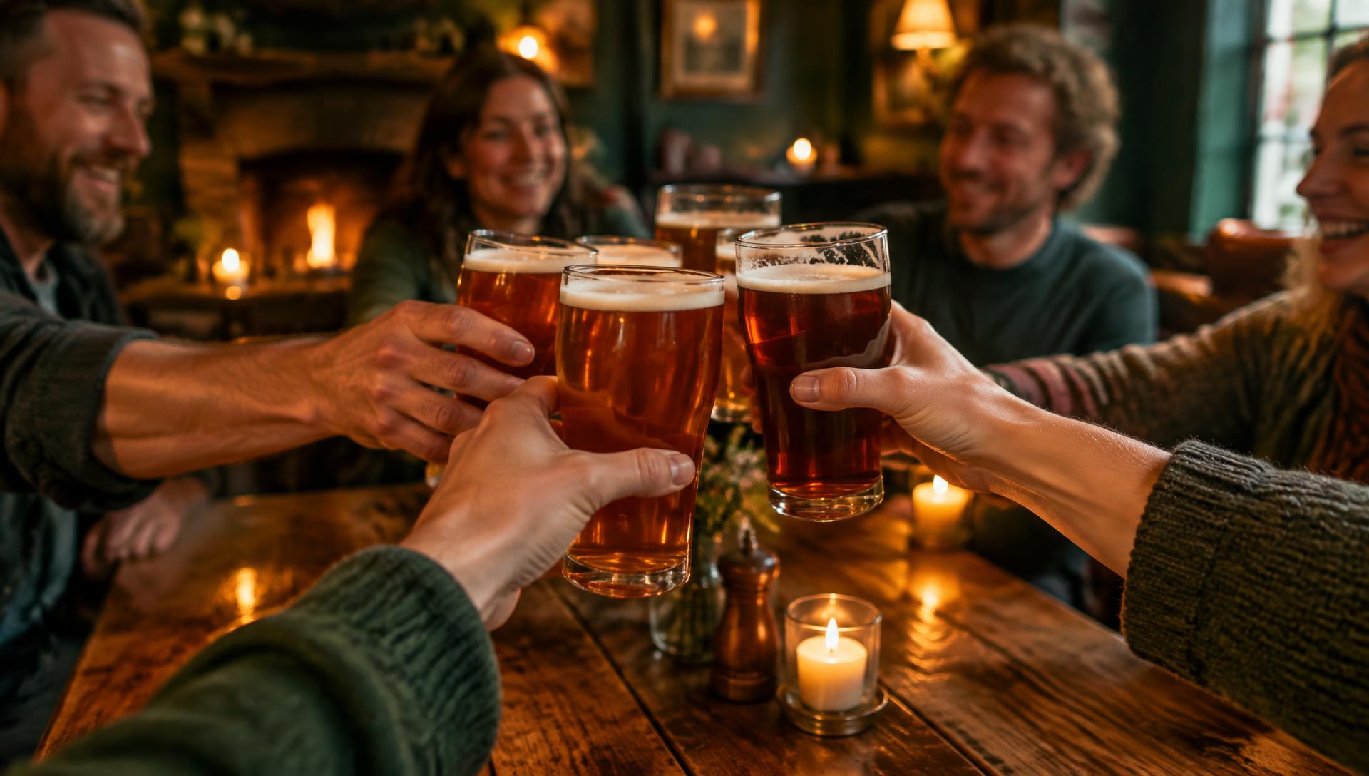 Friends raising their pints in a toast around a pub table
