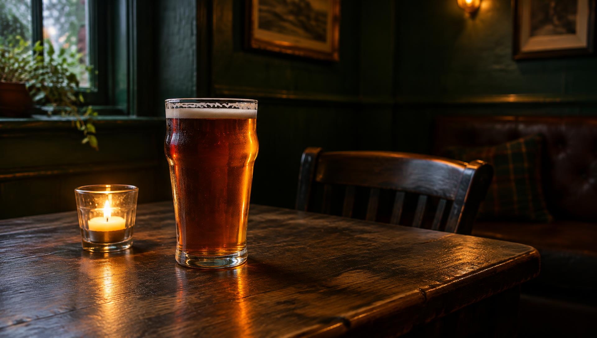A pint of ale and a candle on a quiet corner table